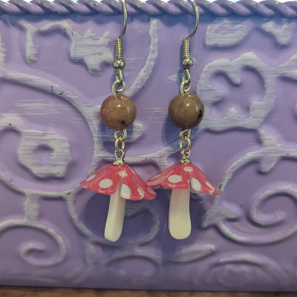 Agate Ruby Mushroom Earrings