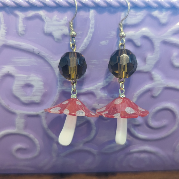 Glass Ruby Mushroom Earrings